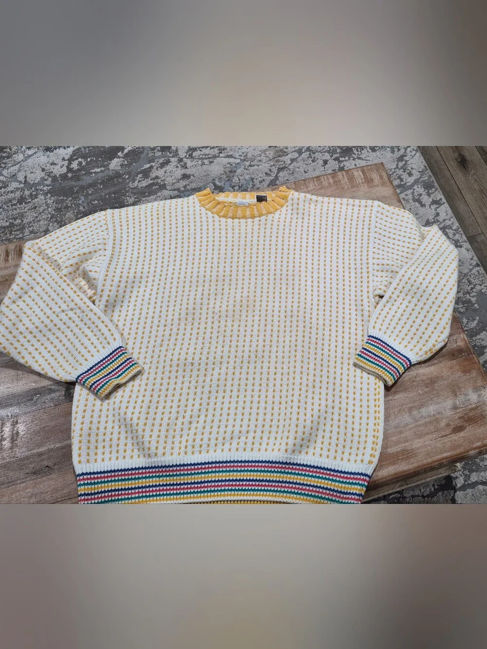 VINTAGE London Fog Cream Yellow Striped Trim Knit Sweater Mens Size L Golf Retro